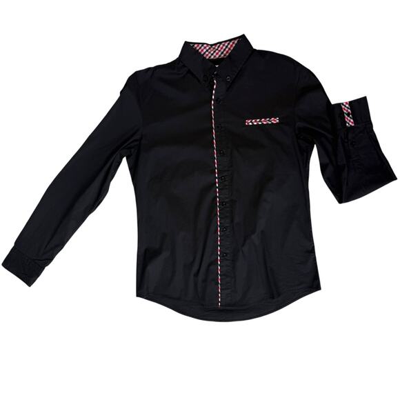 Tom's Ware Black Dress Shirt Mens Large Red White Check Contrast Trim Roll Cuff - Picture 2 of 12